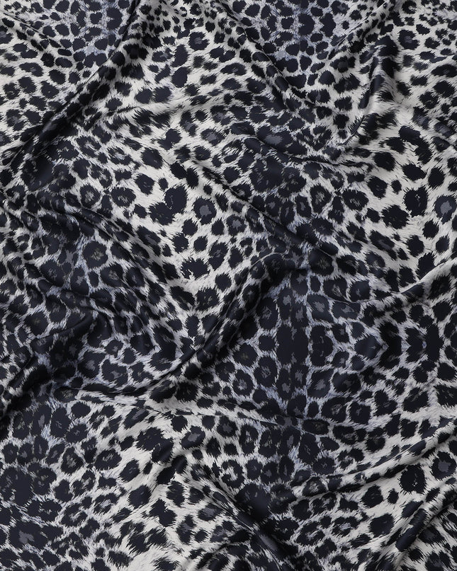 Black Grey Leopard Print Premium Pure Silk Satin Fabric, 110 cm Width, Bold Animal Skin Design, Origin: South Korea-D26812