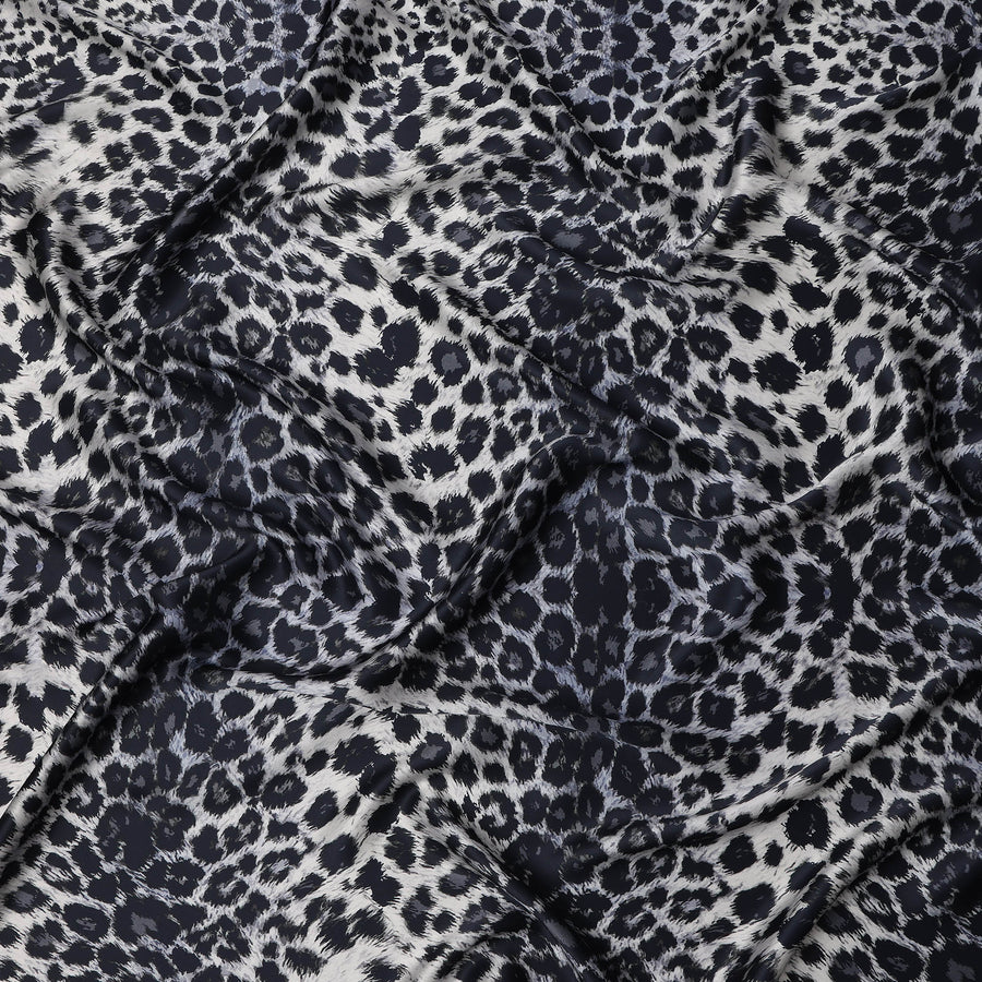 Black Grey Leopard Print Premium Pure Silk Satin Fabric, 110 cm Width, Bold Animal Skin Design, Origin: South Korea-D26812