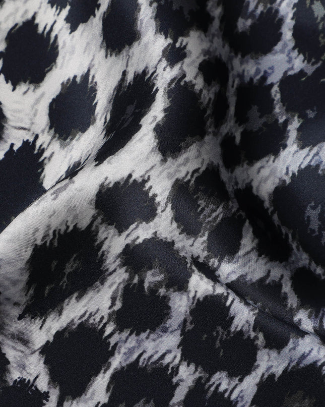 Black Grey Leopard Print Premium Pure Silk Satin Fabric, 110 cm Width, Bold Animal Skin Design, Origin: South Korea-D26812