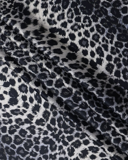 Black Grey Leopard Print Premium Pure Silk Satin Fabric, 110 cm Width, Bold Animal Skin Design, Origin: South Korea-D26812
