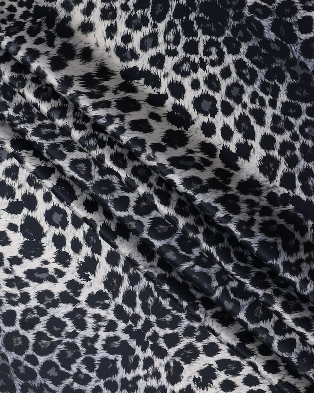 Black Grey Leopard Print Premium Pure Silk Satin Fabric, 110 cm Width, Bold Animal Skin Design, Origin: South Korea-D26812