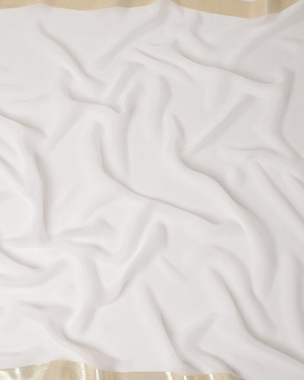 White Wrinkle Silk Chiffon Fabric with Golden Border Stripe Lightweight Sheer Textured Fabric for Sarees Dresses Dupattas and Crafts 110 Cms Wide South Korea Origin-D27660