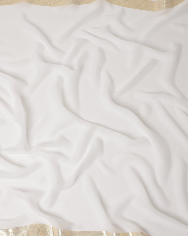 White Wrinkle Silk Chiffon Fabric with Golden Border Stripe Lightweight Sheer Textured Fabric for Sarees Dresses Dupattas and Crafts 110 Cms Wide South Korea Origin-D27660