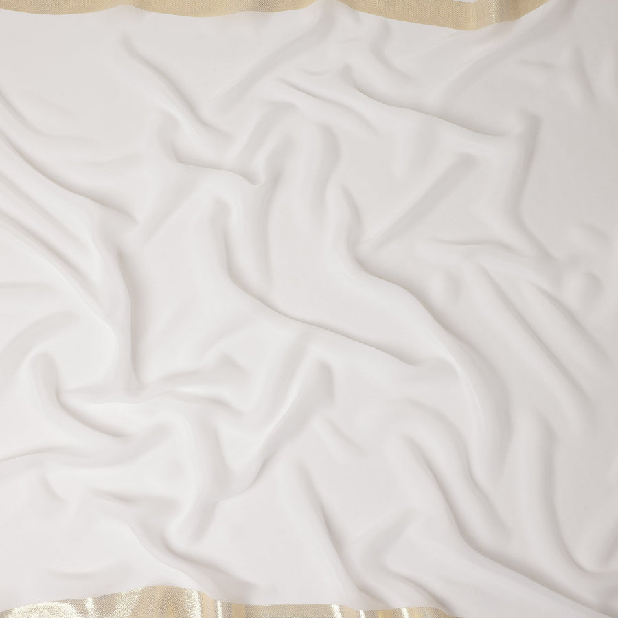 White Wrinkle Silk Chiffon Fabric with Golden Border Stripe Lightweight Sheer Textured Fabric for Sarees Dresses Dupattas and Crafts 110 Cms Wide South Korea Origin-D27660