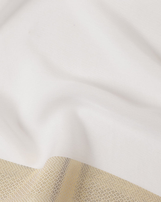 White Wrinkle Silk Chiffon Fabric with Golden Border Stripe Lightweight Sheer Textured Fabric for Sarees Dresses Dupattas and Crafts 110 Cms Wide South Korea Origin-D27660