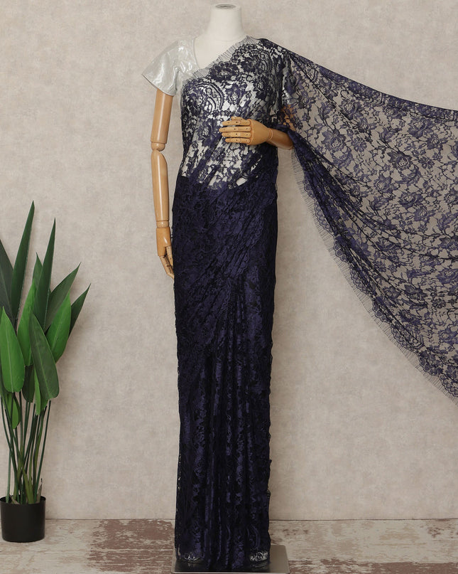 Wine Blue Premium French Chantilly Saree Lace Fabric 110 Cms Width 5.5 Meters Piece Elegant Floral Net Lace From France For Designer Sarees And Couture Draping-D27684