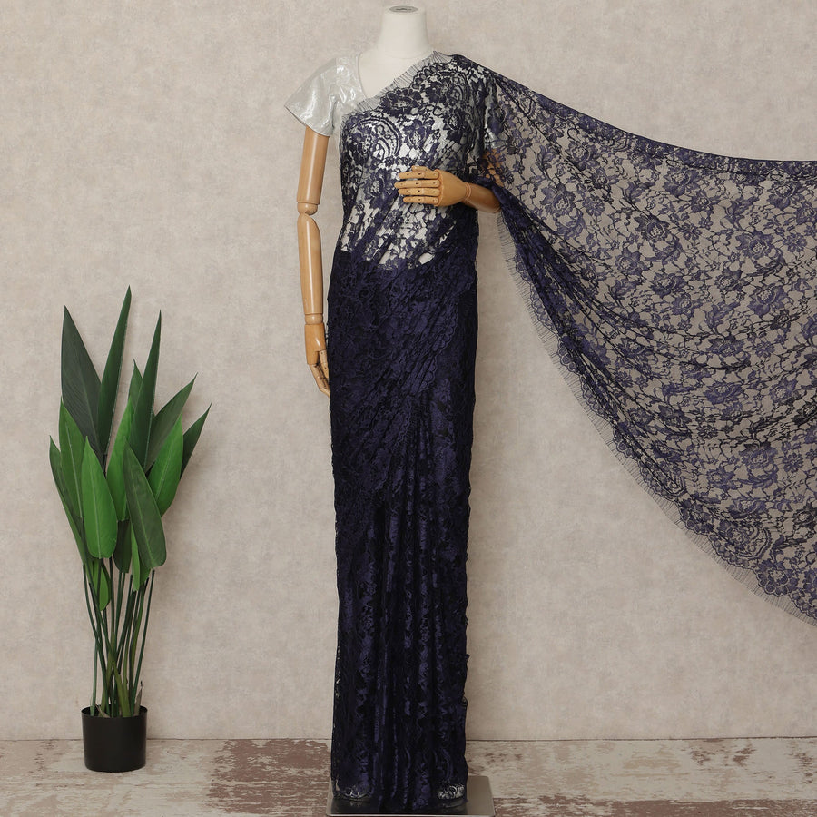 Wine Blue Premium French Chantilly Saree Lace Fabric 110 Cms Width 5.5 Meters Piece Elegant Floral Net Lace From France For Designer Sarees And Couture Draping-D27684