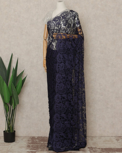 Wine Blue Premium French Chantilly Saree Lace Fabric 110 Cms Width 5.5 Meters Piece Elegant Floral Net Lace From France For Designer Sarees And Couture Draping-D27684