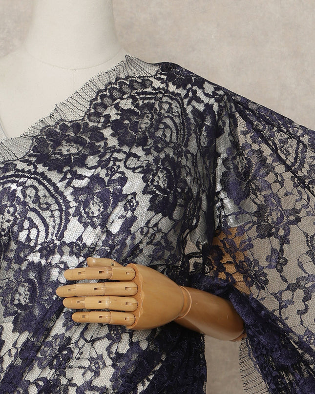 Wine Blue Premium French Chantilly Saree Lace Fabric 110 Cms Width 5.5 Meters Piece Elegant Floral Net Lace From France For Designer Sarees And Couture Draping-D27684