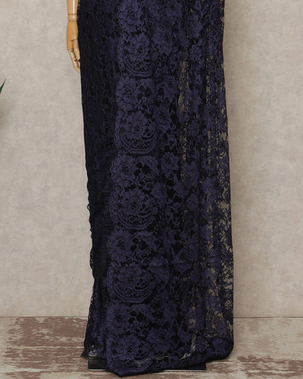 Wine Blue Premium French Chantilly Saree Lace Fabric 110 Cms Width 5.5 Meters Piece Elegant Floral Net Lace From France For Designer Sarees And Couture Draping-D27684