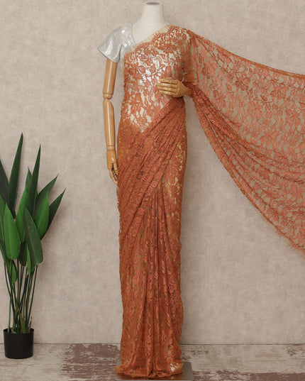 Burnt Orange Premium French Chantilly Saree Lace Fabric 110 Cms Width 5.5 Meters Piece Elegant Floral Net Lace From France For Designer Sarees And Couture Draping-D27688