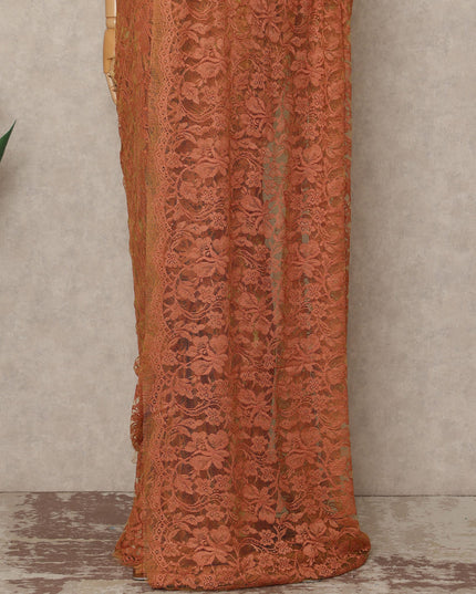 Burnt Orange Premium French Chantilly Saree Lace Fabric 110 Cms Width 5.5 Meters Piece Elegant Floral Net Lace From France For Designer Sarees And Couture Draping-D27688