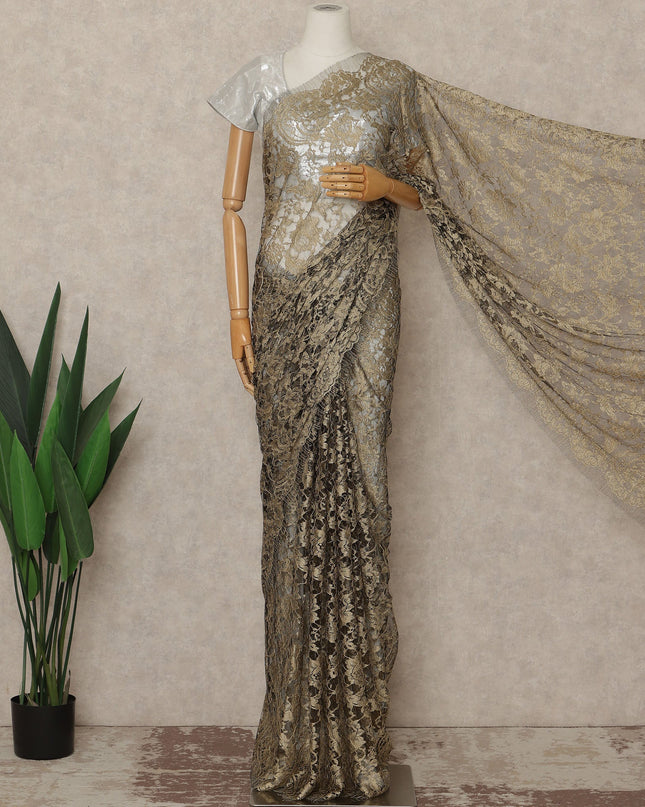 Olive Beige Premium French Chantilly Saree Lace Fabric 110 Cms Width 5.5 Meters Piece Elegant Floral Net Lace From France For Designer Sarees And Couture Draping-D27681