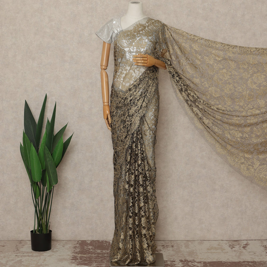 Olive Beige Premium French Chantilly Saree Lace Fabric 110 Cms Width 5.5 Meters Piece Elegant Floral Net Lace From France For Designer Sarees And Couture Draping-D27681