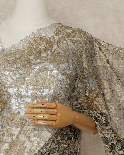 Olive Beige Premium French Chantilly Saree Lace Fabric 110 Cms Width 5.5 Meters Piece Elegant Floral Net Lace From France For Designer Sarees And Couture Draping-D27681