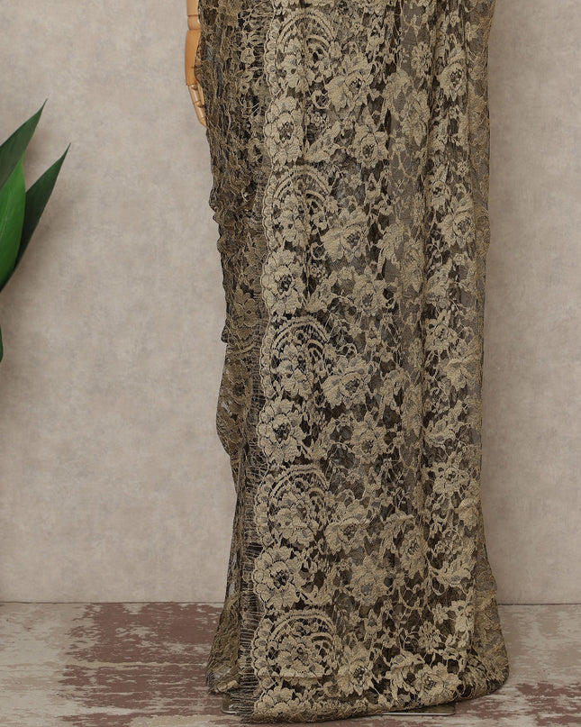 Olive Beige Premium French Chantilly Saree Lace Fabric 110 Cms Width 5.5 Meters Piece Elegant Floral Net Lace From France For Designer Sarees And Couture Draping-D27681