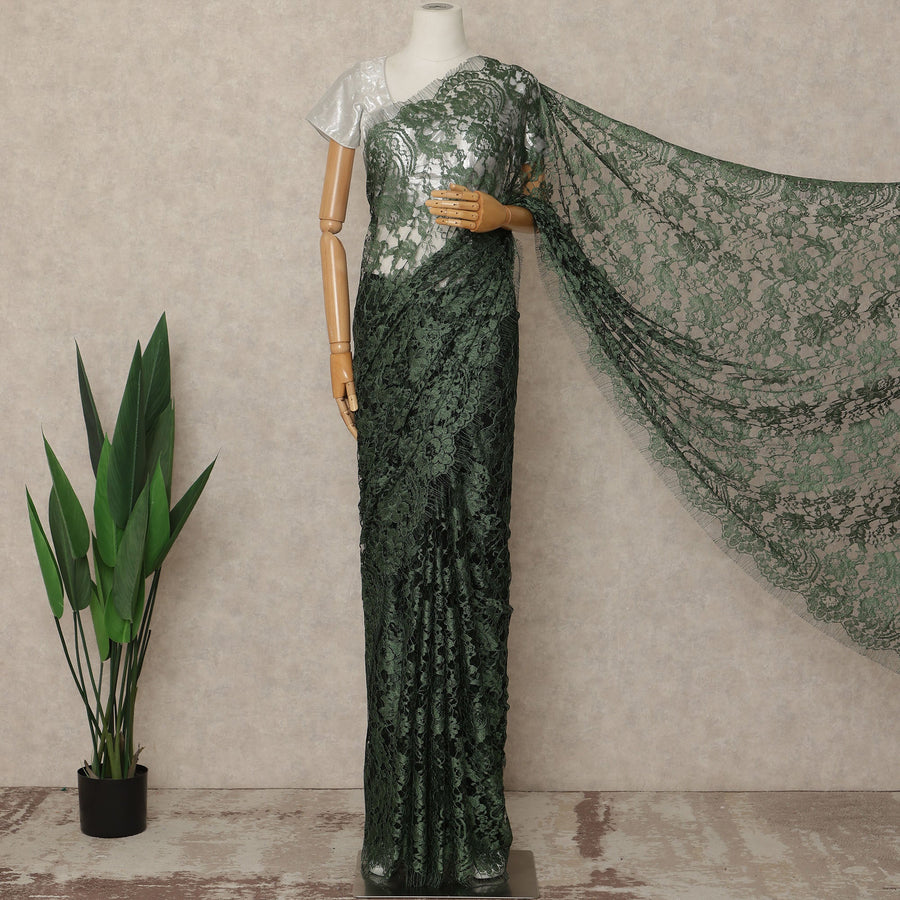 Deep Forest Green Black Premium French 2 Tone Chantilly Saree Lace Fabric 5.5 Meters x 110 Cms Width Elegant Floral Net Material From France Unstitched Blouse Not Included-D28152