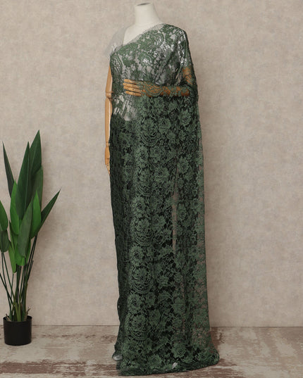 Deep Forest Green Black Premium French 2 Tone Chantilly Saree Lace Fabric 5.5 Meters x 110 Cms Width Elegant Floral Net Material From France Unstitched Blouse Not Included-D28152