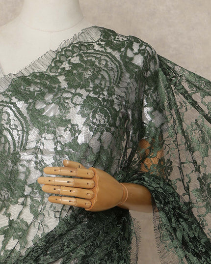 Deep Forest Green Black Premium French 2 Tone Chantilly Saree Lace Fabric 5.5 Meters x 110 Cms Width Elegant Floral Net Material From France Unstitched Blouse Not Included-D28152