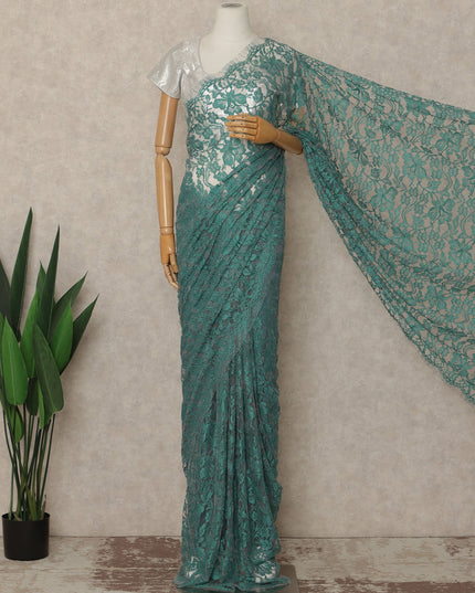 Turquoise Green Premium French Chantilly Saree Lace Fabric 110 Cms Width 5.5 Meters Piece Elegant Floral Net Lace From France For Designer Sarees And Couture Draping-D27690