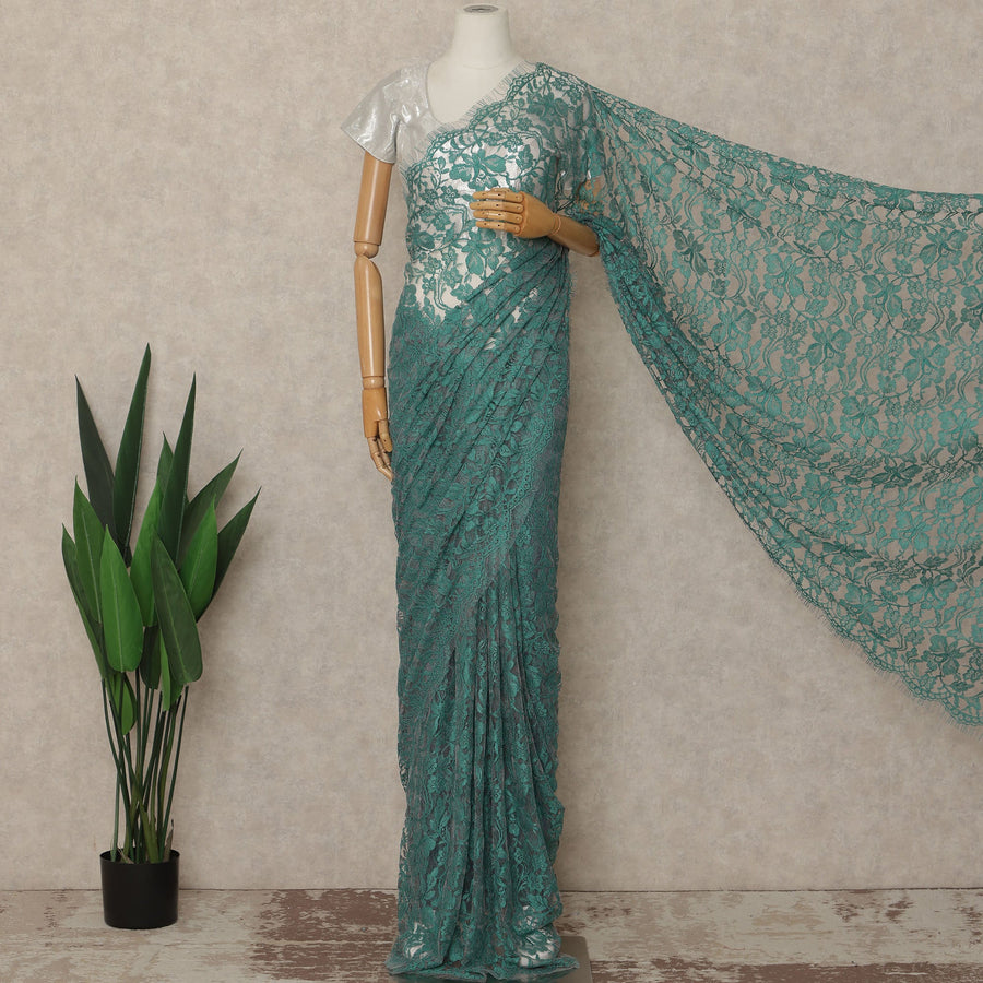 Turquoise Green Premium French Chantilly Saree Lace Fabric 110 Cms Width 5.5 Meters Piece Elegant Floral Net Lace From France For Designer Sarees And Couture Draping-D27690