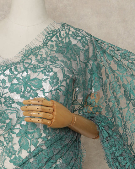 Turquoise Green Premium French Chantilly Saree Lace Fabric 110 Cms Width 5.5 Meters Piece Elegant Floral Net Lace From France For Designer Sarees And Couture Draping-D27690