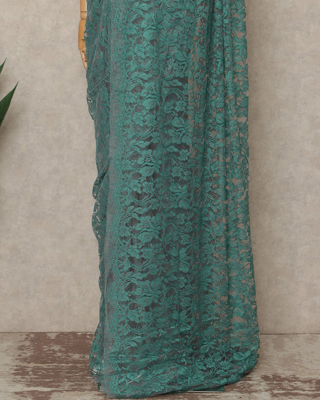 Turquoise Green Premium French Chantilly Saree Lace Fabric 110 Cms Width 5.5 Meters Piece Elegant Floral Net Lace From France For Designer Sarees And Couture Draping-D27690