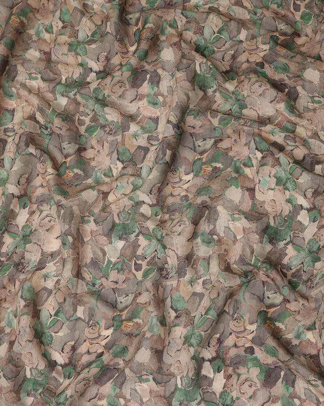 Beige Floral Abstract Printed Viscose Crepe Fabric, Soft Flowing Texture, Lightweight Drape, 110 Cms, India-D27571