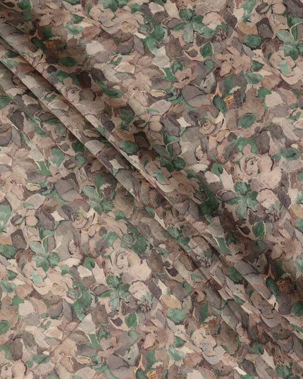 Taupe Brown Abstract Floral Printed Viscose Crepe Fabric Soft Lightweight Textured Flowing Botanical Pattern Dress Sewing Craft Fabric 110 Cms Width Made In India-D28322