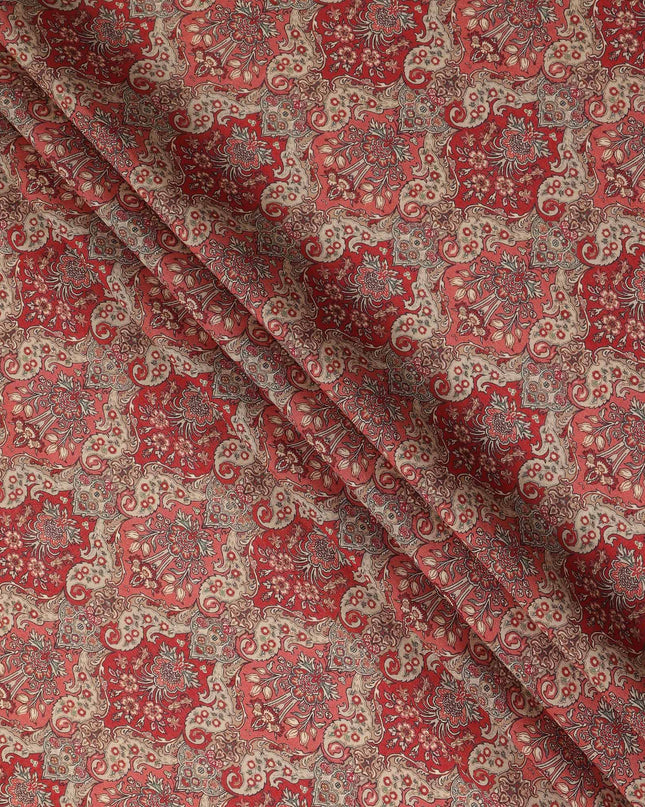 Rust Red Paisley Floral Printed Viscose Crepe Fabric Soft Lightweight Textured Vintage Ornamental Pattern Dress Sewing Craft Fabric 110 Cms Width Made In India-D28331