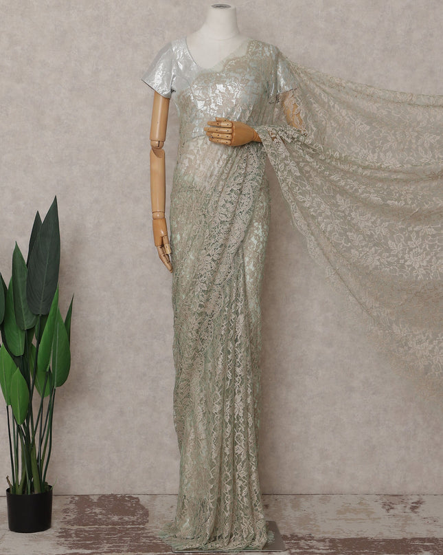 Pistachio Green Floral French Chantilly Lace Saree