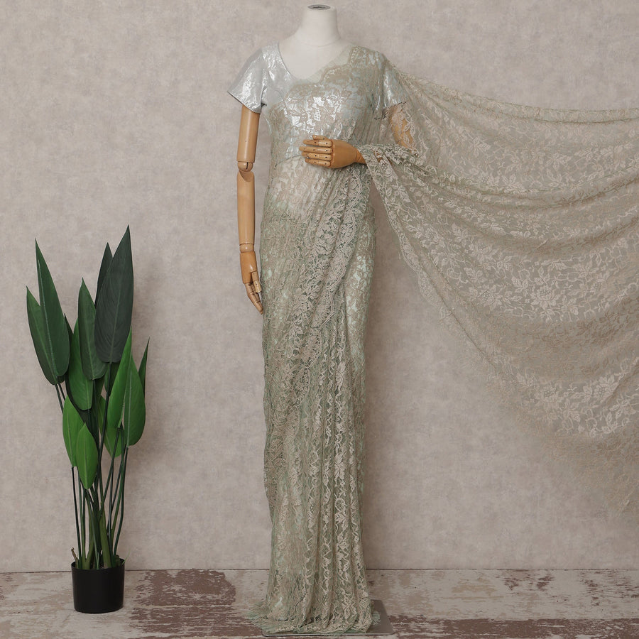 Pistachio Green Floral French Chantilly Lace Saree