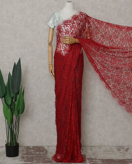 Crimson Red Floral French Chantilly Lace Saree