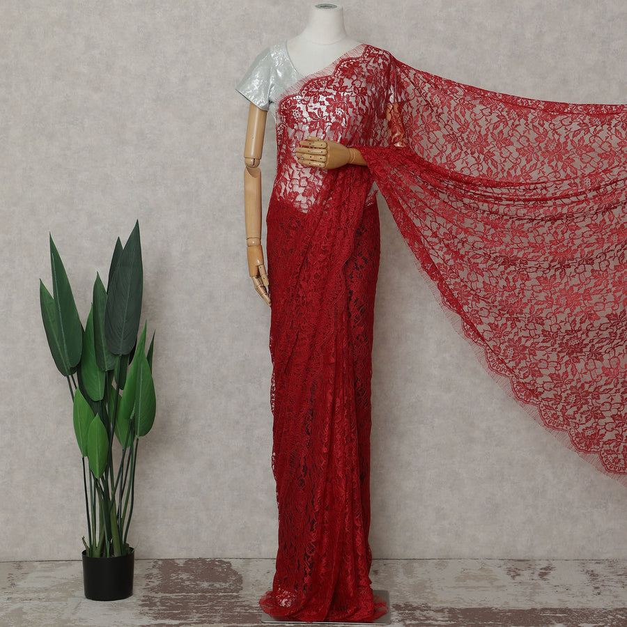 Crimson Red Floral French Chantilly Lace Saree