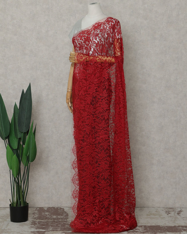Crimson Red Floral French Chantilly Lace Saree