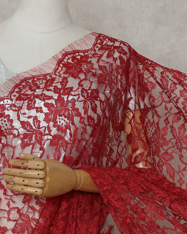 Crimson Red Floral French Chantilly Lace Saree