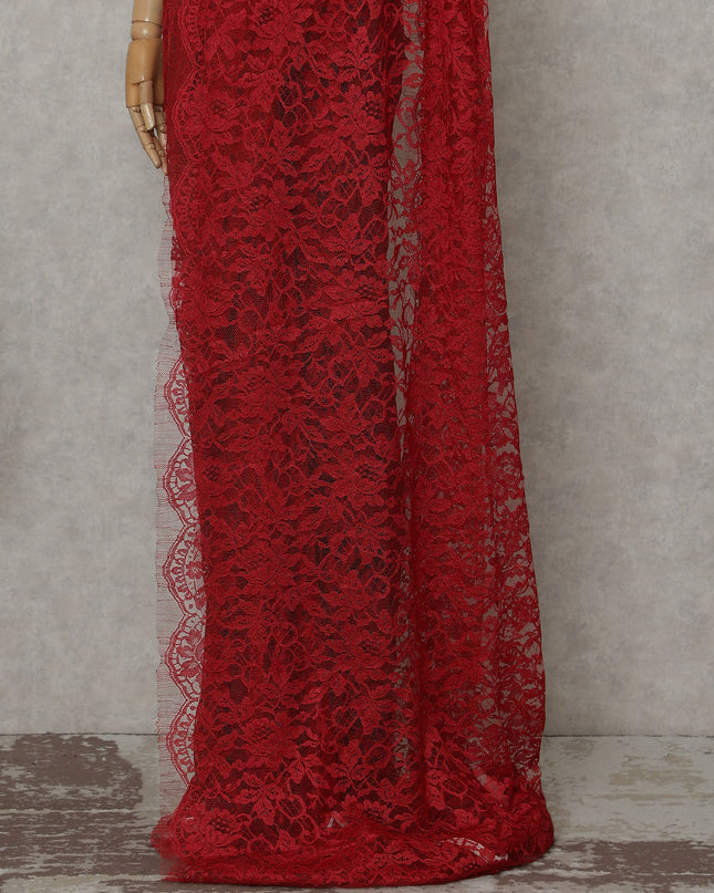 Crimson Red Floral French Chantilly Lace Saree