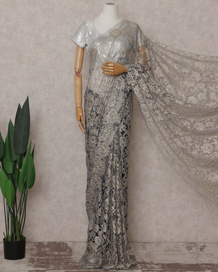 Silver Gold Floral French Chantilly Lace Saree