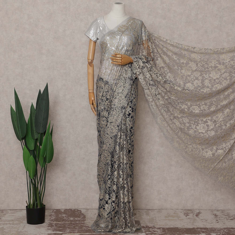 Silver Gold Floral French Chantilly Lace Saree