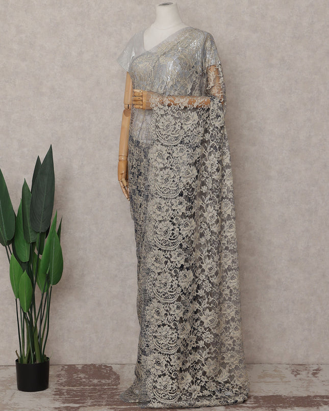 Silver Gold Floral French Chantilly Lace Saree