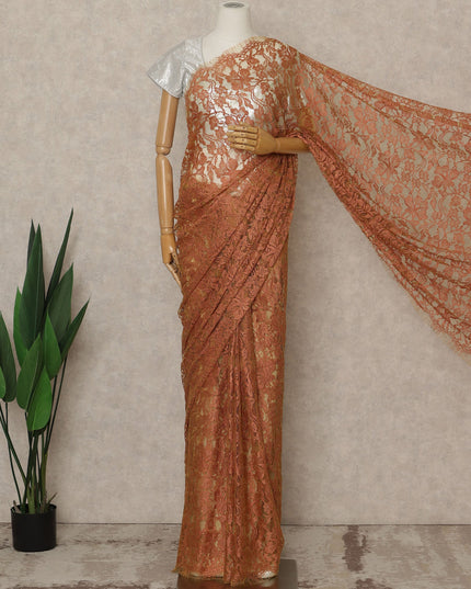 Orange Premium French Chantilly Saree Lace, 5.5 Mtrs Length, 110 Cms Width, Crafted in France -Blouse Not Included-D26709