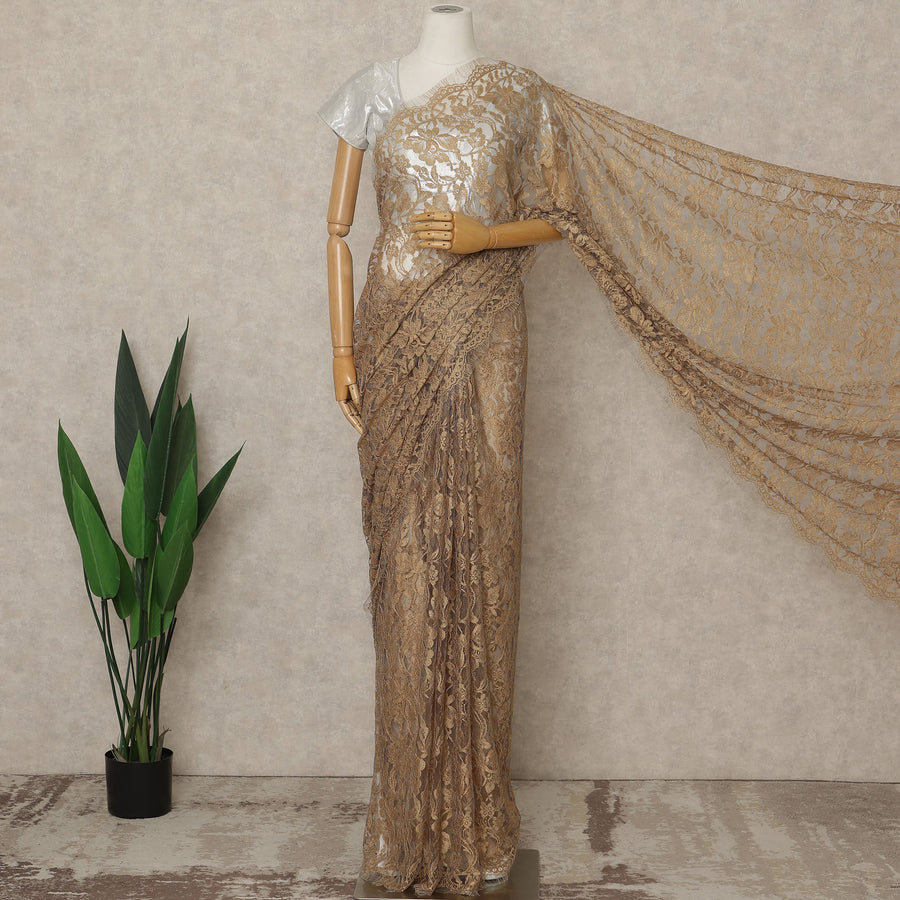 Gold Premium French 2 Tone Chantilly Saree Lace, 5.5 Mtrs Length, 110 Cms Width, Crafted in France -Blouse Not Included-D26719