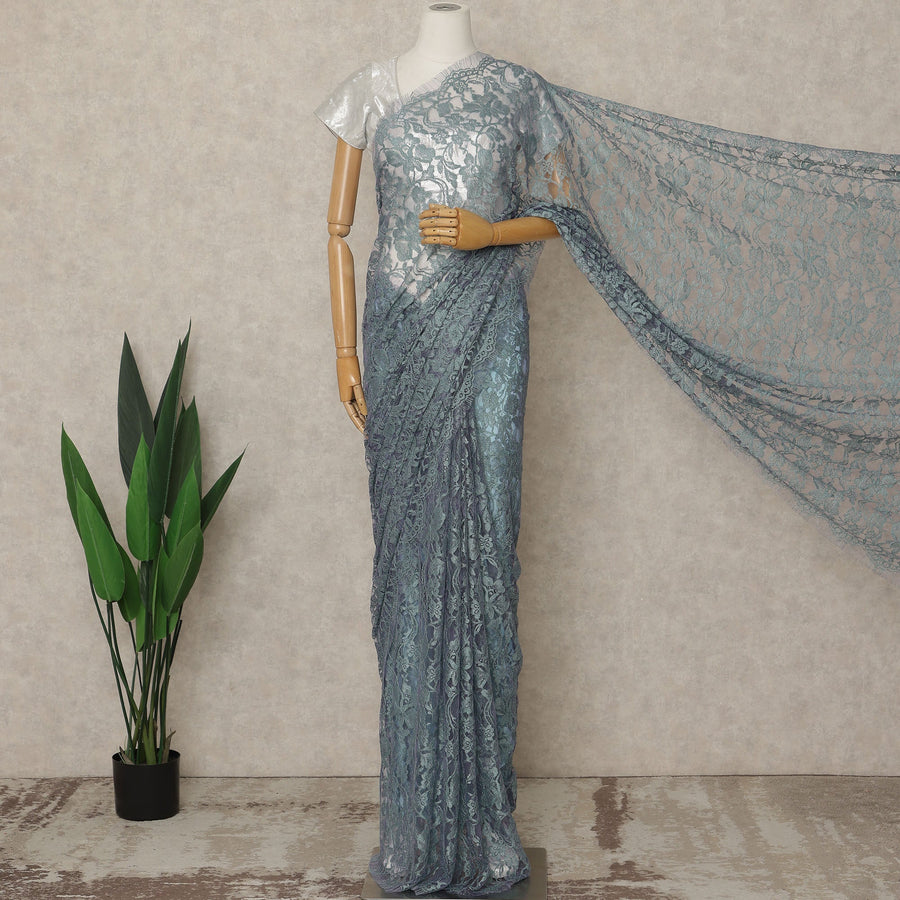 Blue-Grey Premium French 2 Tone Chantilly Saree Lace, 5.5 Mtrs Length, 110 Cms Width, Crafted in France -Blouse Not Included-D26717