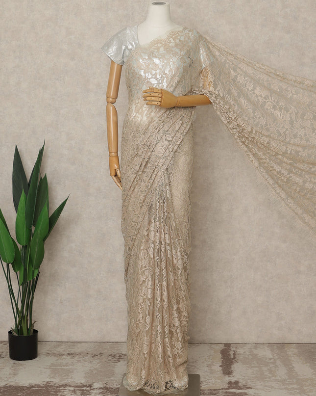 Beige Premium French Chantilly Saree Lace, 5.5 Mtrs Length, 110 Cms Width, Crafted in France -Blouse Not Included-D26711