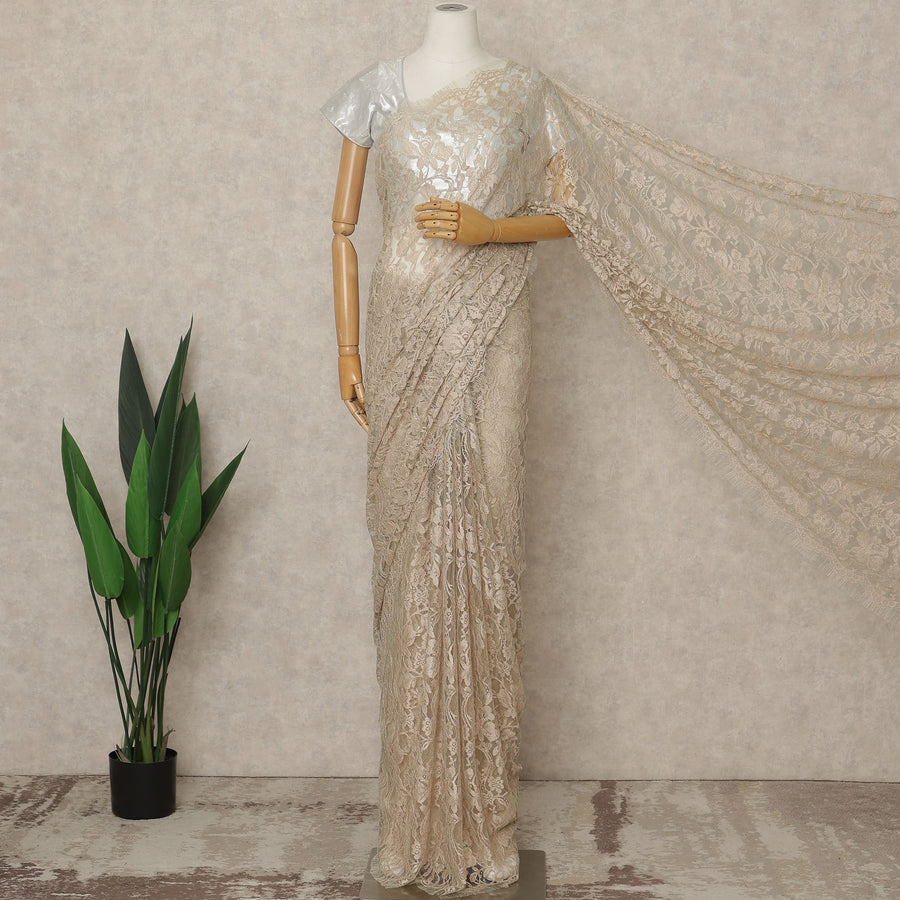 Beige Premium French Chantilly Saree Lace, 5.5 Mtrs Length, 110 Cms Width, Crafted in France -Blouse Not Included-D26711