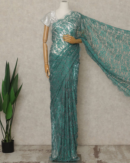 Steel Green Premium French Chantilly Saree Lace, 5.5 Mtrs Length, 110 Cms Width, Crafted in France -Blouse Not Included-D26715