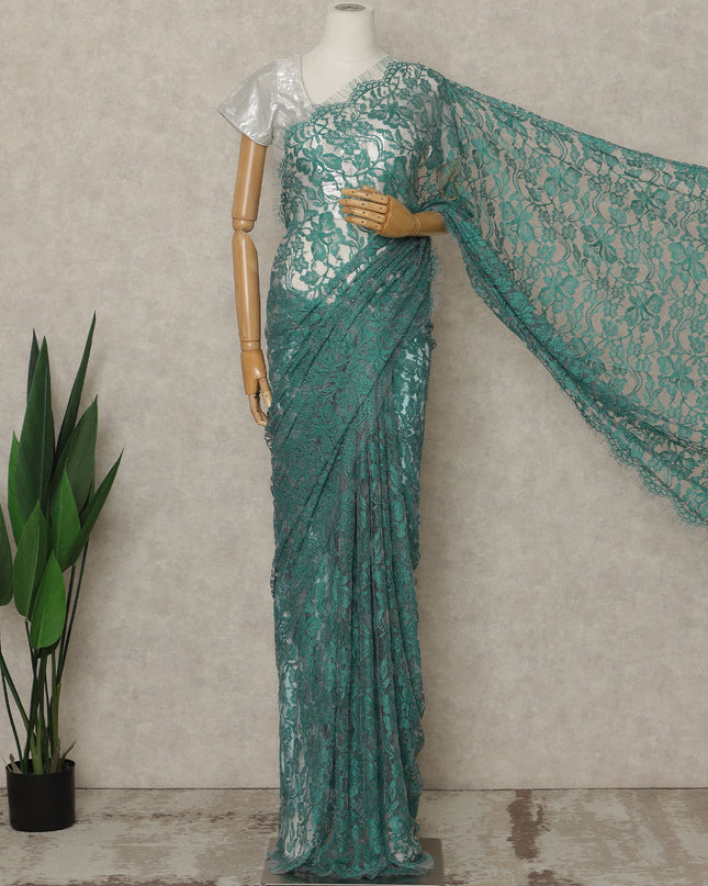 Steel Green Premium French Chantilly Saree Lace, 5.5 Mtrs Length, 110 Cms Width, Crafted in France -Blouse Not Included-D26715