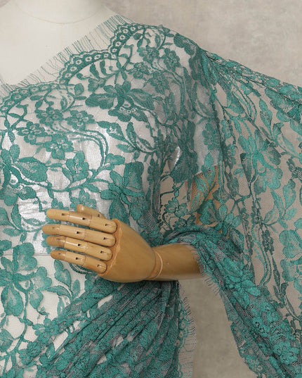 Steel Green Premium French Chantilly Saree Lace, 5.5 Mtrs Length, 110 Cms Width, Crafted in France -Blouse Not Included-D26715