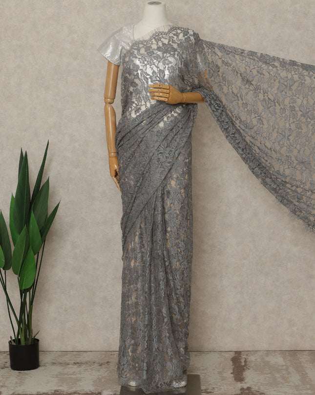 Grey Premium French 2-Tone Chantilly Saree Lace, 5.5 Mtrs Length, 110 Cms Width, Crafted in France -Blouse Not Included-D26706