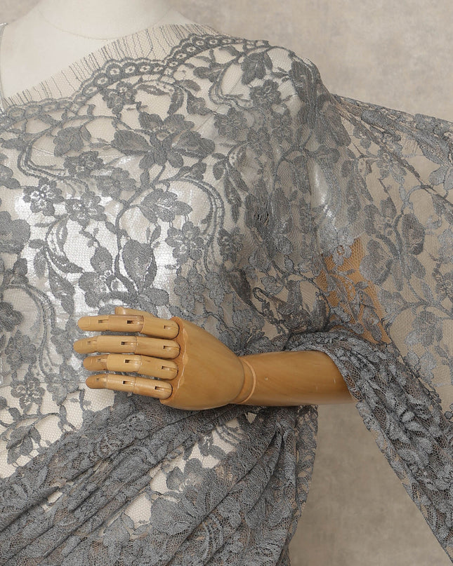 Grey Premium French 2-Tone Chantilly Saree Lace, 5.5 Mtrs Length, 110 Cms Width, Crafted in France -Blouse Not Included-D26706